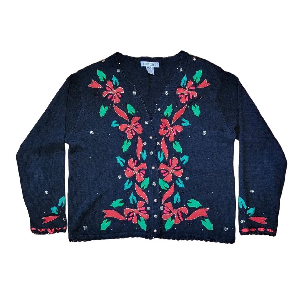Arriviste Womens Christmas Cardigan Sweater XL Black Button Front Holiday Bows - Picture 1 of 5